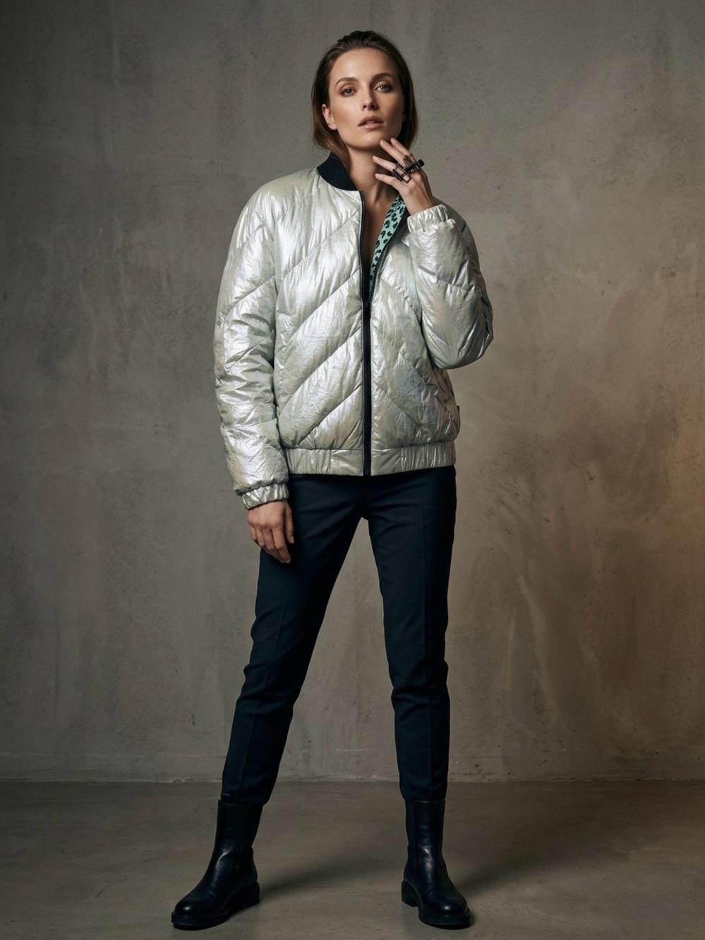 NOIZE Iridescent Metallic Puffer Bomber Jacket - Size M